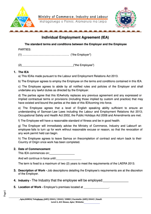 Fillable Individual Employment Agreement Template Printable pdf
