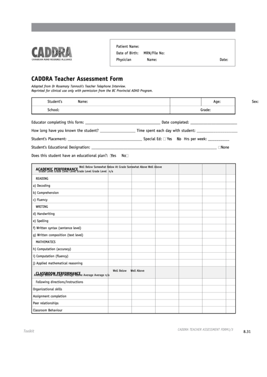Caddra Teacher Assessment Form Printable pdf