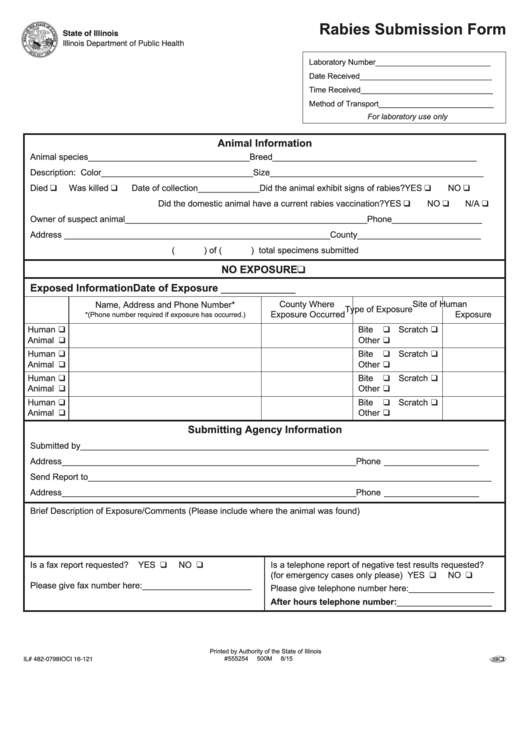 Fillable Ioci 16-121 Rabies Submission Form - Illinois Department Of Public Health Printable pdf