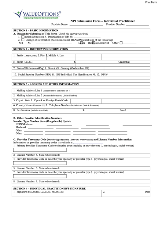 Fillable Npi Submission Form - Individual Practitioner Printable pdf