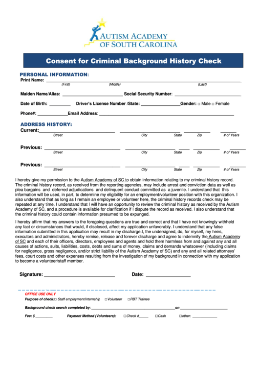 Consent For Criminal Background History Check Printable pdf