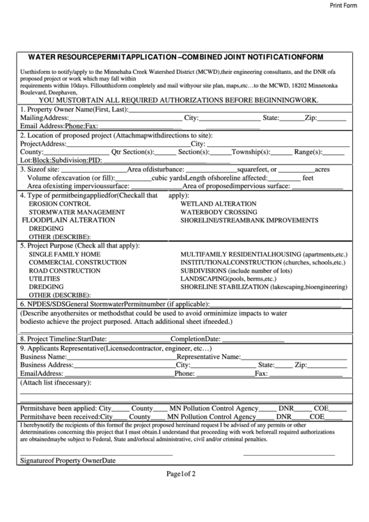 Fillable Water Resource Permit Application - Combined Joint Notification Form Printable pdf