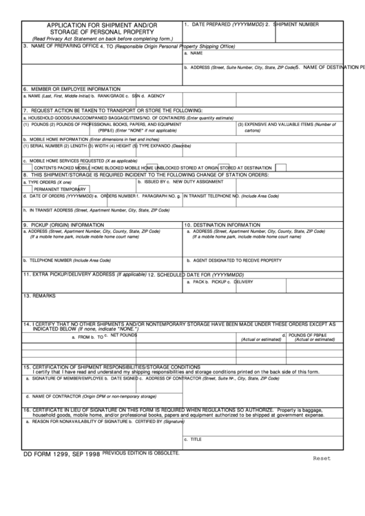 Fillable Dd Form 1299 - Application For Shipment And/or Storage Of ...