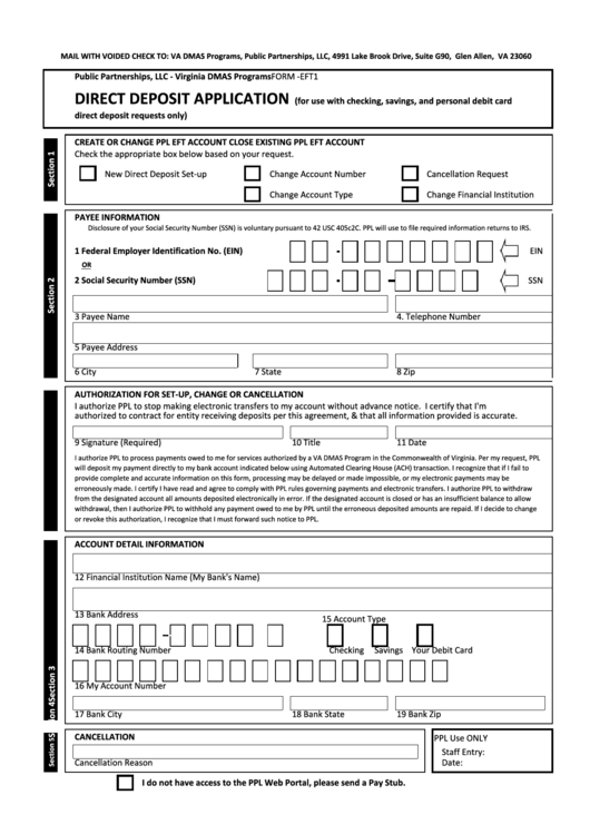 Form-Eft1 - Direct Deposit Application Form Printable pdf