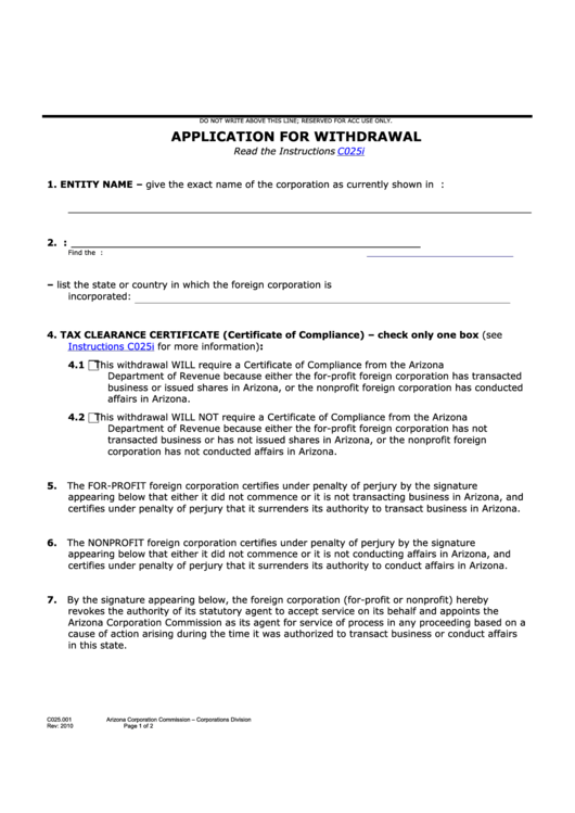 Fillable Form C025.001 - Application For Withdrawal - 2010 Printable pdf