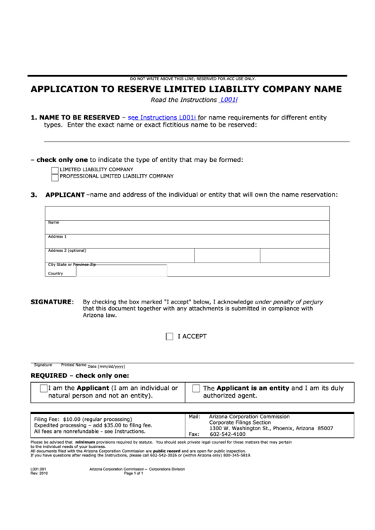 Fillable Form L001.001 - Application To Reserve Limited Liability Company Name - 2010 Printable pdf