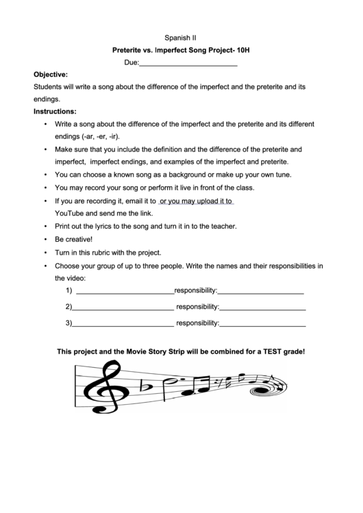 Spanish Ipreterite Vs. Imperfect Song Project Worksheet Printable pdf