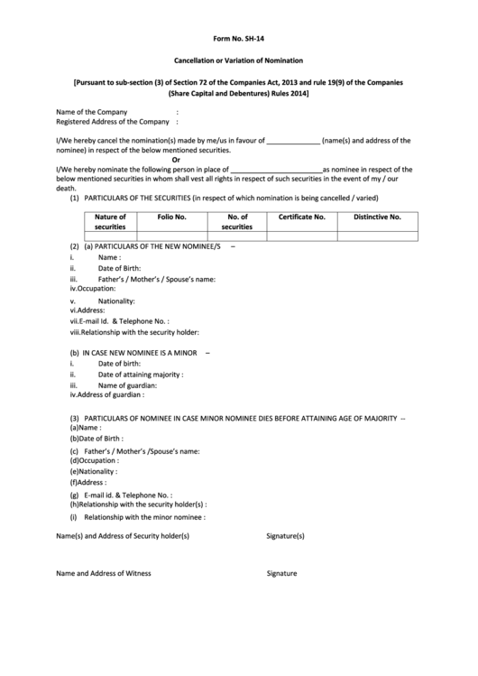 Form No. Sh-14 - Cancellation Or Variation Of Nomination Printable pdf