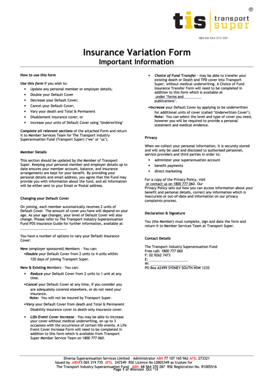 Insurance Variation Form - Transport Super Printable pdf