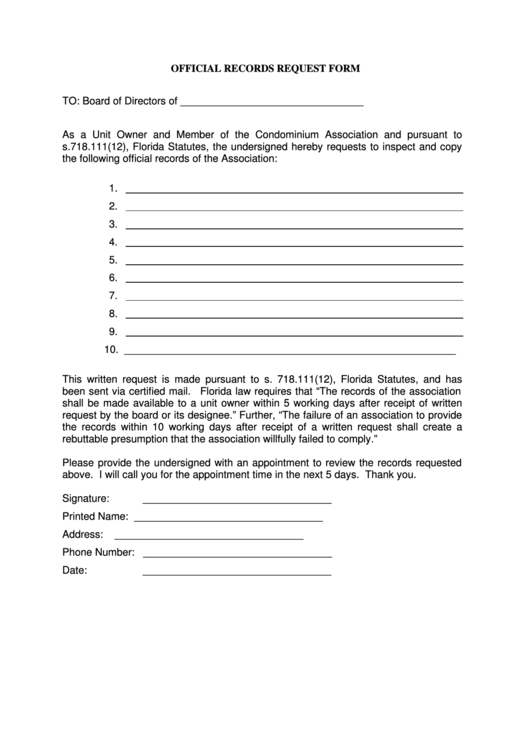 Fillable Official Records Request Form Printable pdf