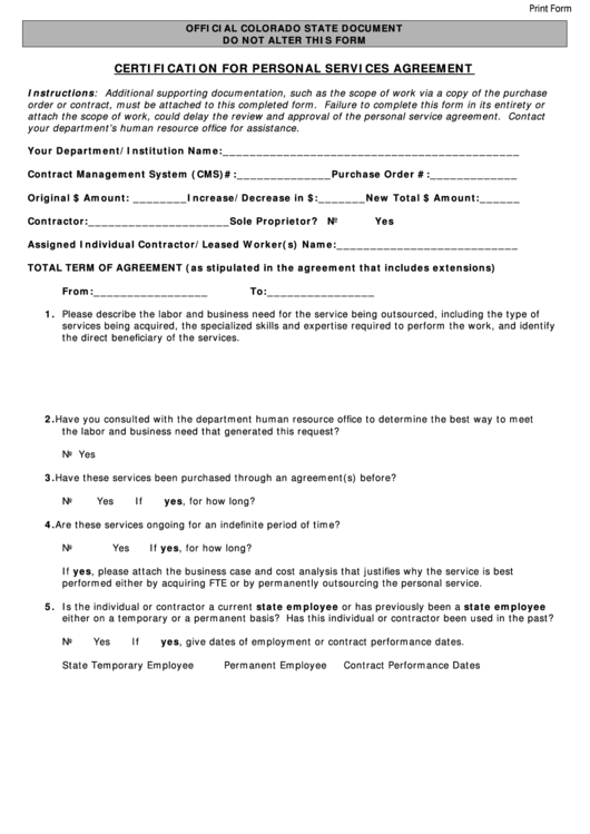 Fillable Certification For Personal Services Agreement Printable pdf