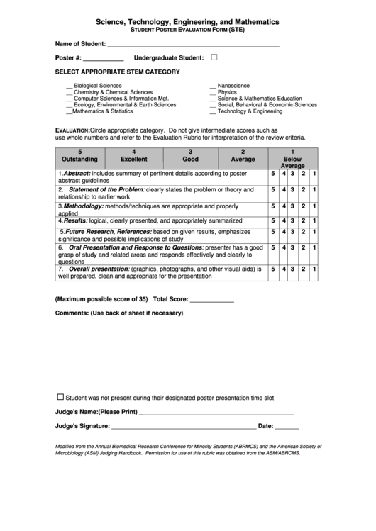 Stem Poster Presentation Evaluation/scoring Form Printable pdf