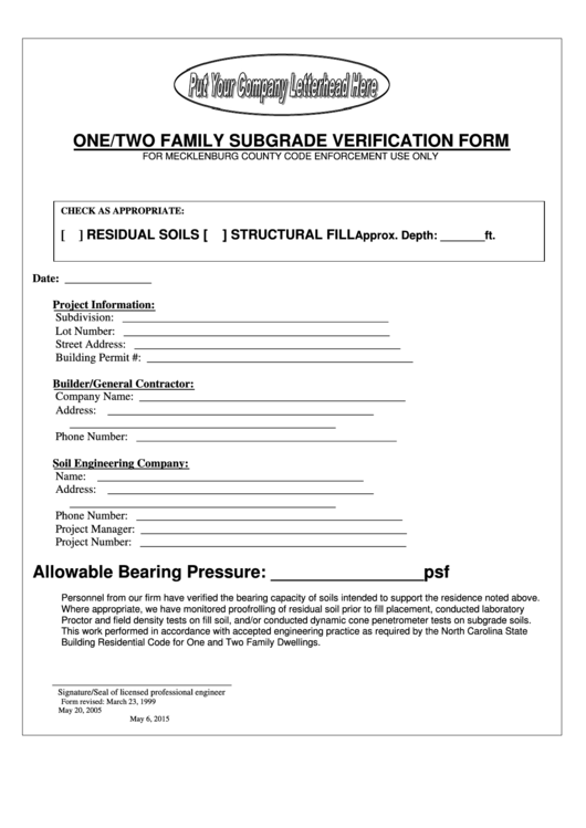 One/two Family Subgrade Verification Form