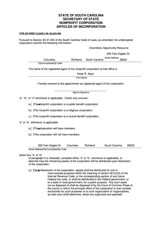 Fillable Nonprofit Corporation Articles Of Incorporation printable pdf