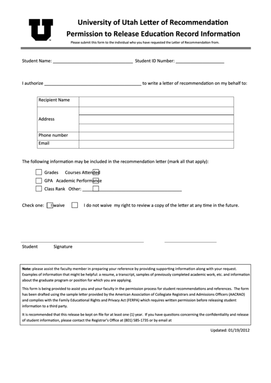 Fillable Letter Of Recommendation Release Printable pdf