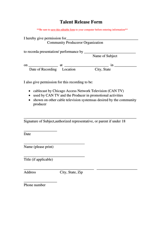 Fillable Talent Release Form Printable pdf