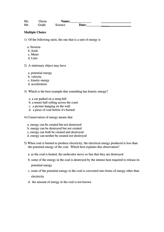 Homework Questions - Science Forms Of Energy Printable pdf