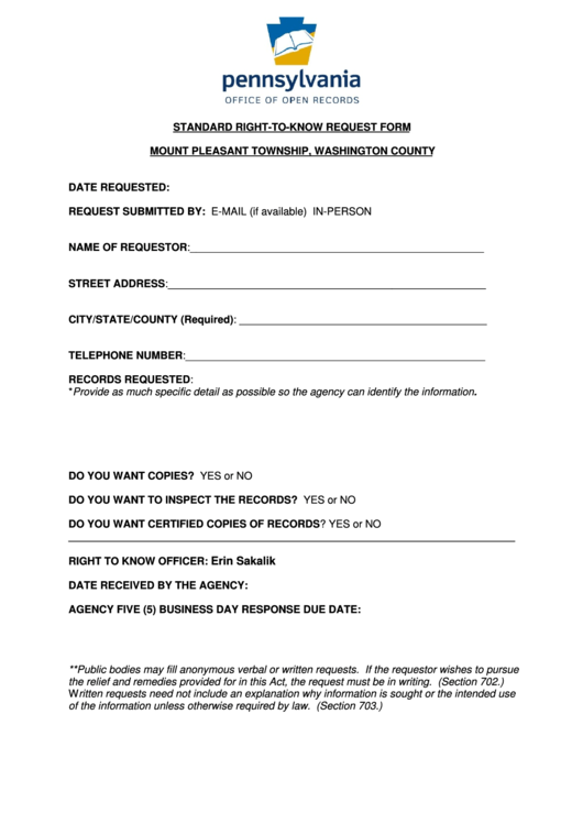Standard Right-To-Know Request Form - Mount Pleasant Township, Washington County Printable pdf
