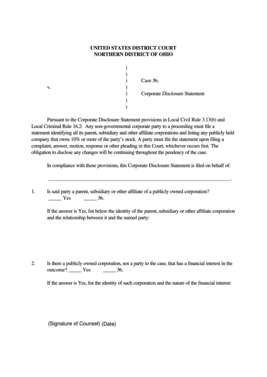 Fillable Corporate Disclosure Statement Printable pdf