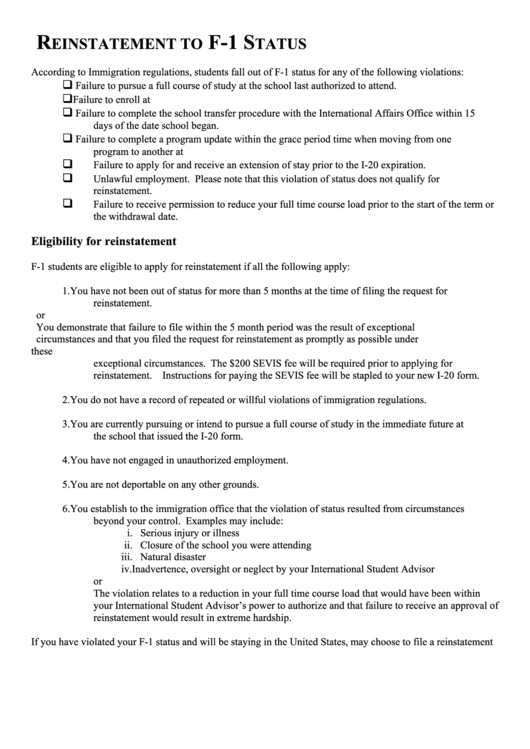 Reinstatement To F-1 Status Printable pdf