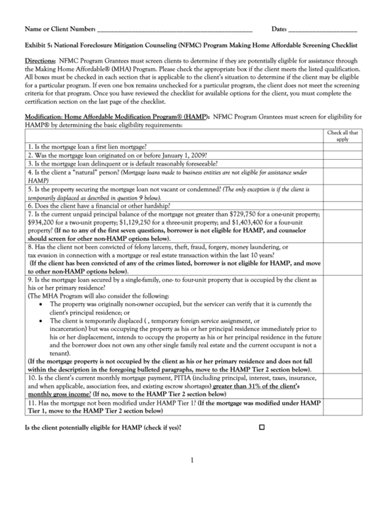Fillable Mha Screening Checklist Printable pdf