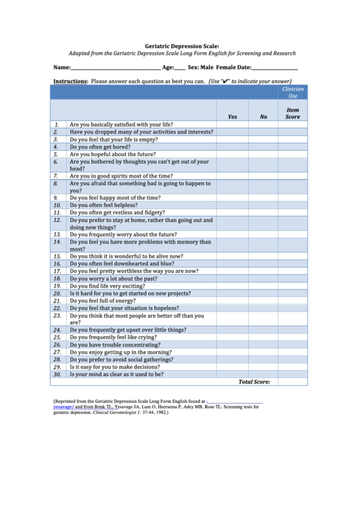 Geriatric Depression Scale Printable