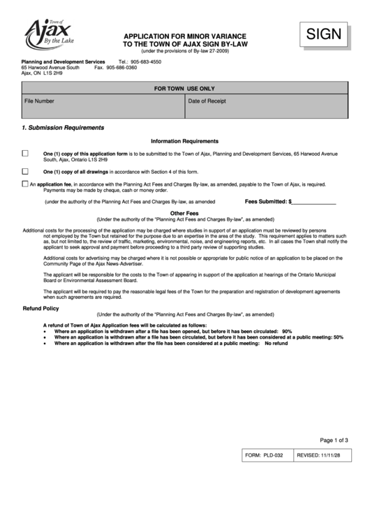 Application For Minor Variance To The Town Of Ajax Sign By-Law Printable pdf