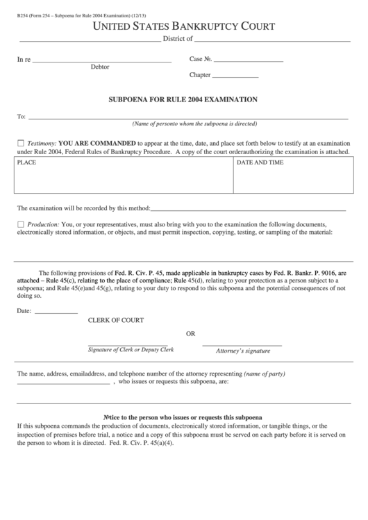 Form 254 - Subpoena For Rule 2004 Examination Printable pdf