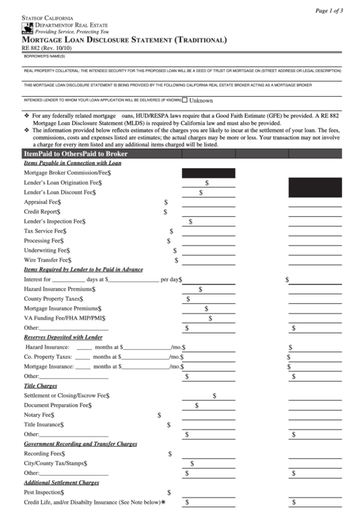 Fillable Re 882 - Mortgage Loan Disclosure Statement Printable pdf