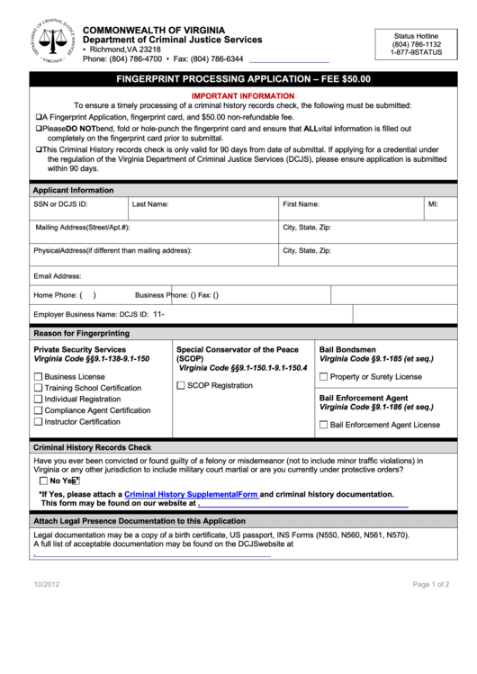 Fingerprint Processing Application Form - Commonwealth Of Virginia Printable pdf