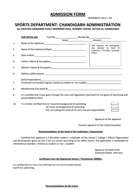 Form For Admission To The Swimming Centre Printable pdf