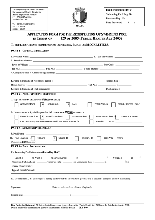 Application Form For The Registration Of Swimming Pool Printable pdf