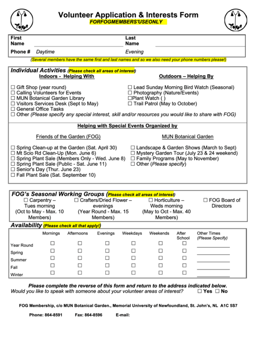 Volunteer Application & Interests Form Printable pdf