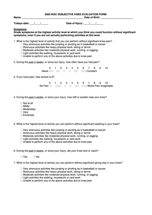 Knee Evaluation Form Printable pdf