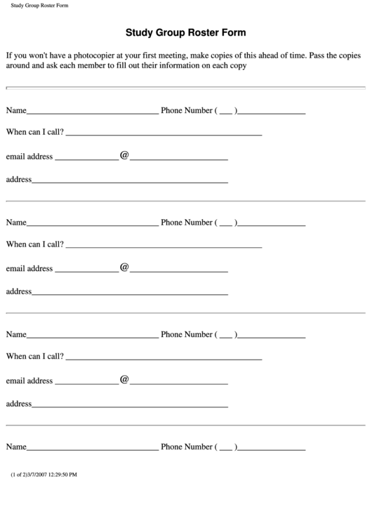 Study Group Roster Form Printable pdf