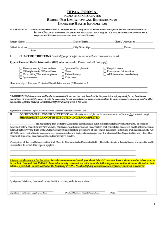 Hipaa - Form A - Request For Limitations And Restrictions Of Protected Health Information