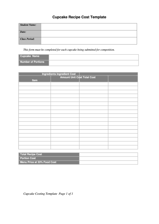 Cupcake Recipe Cost Template Printable pdf