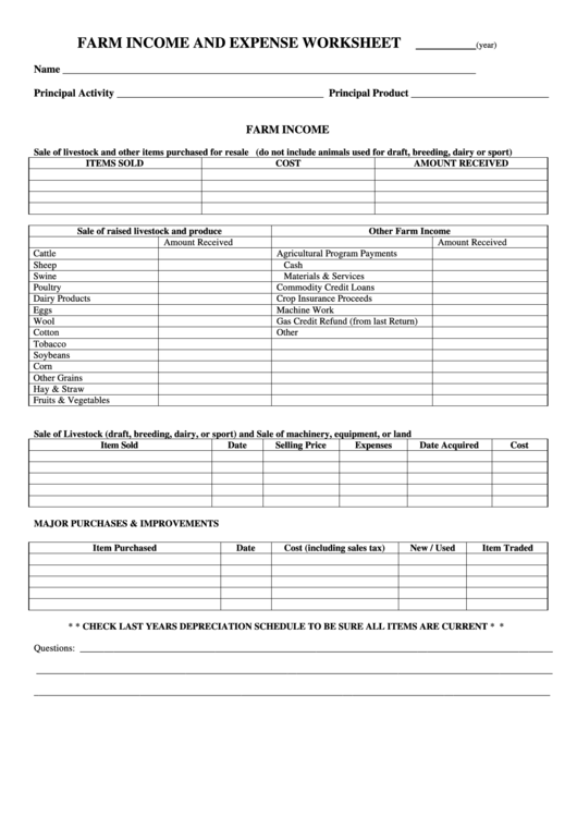 Farm Income And Expense Worksheet Printable pdf