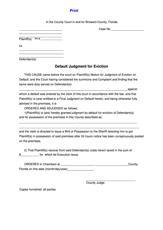 Fillable Form 608, Form 642 Default Judgment For Eviction - Broward County, Florida Printable pdf