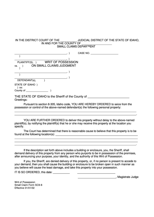 Small Claim Form Sc9-8 Writ Of Possession Printable pdf