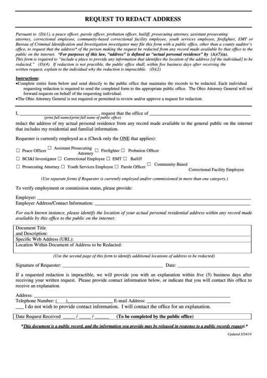 Request To Redact Address - Ohio Attorney General Printable pdf