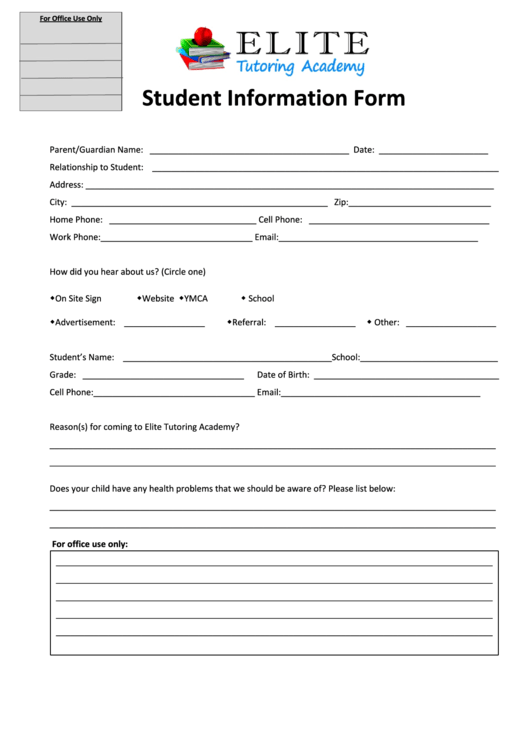 Student Information Form Printable pdf
