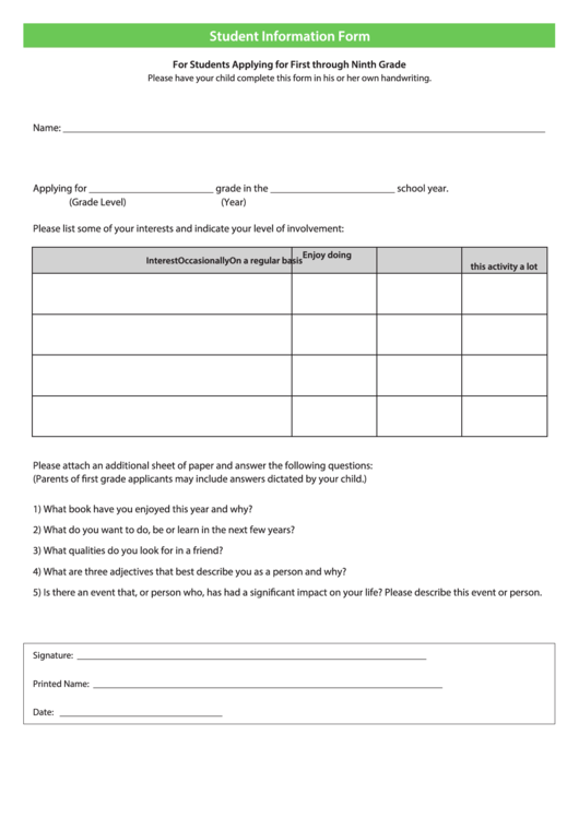 Student Information Form - First To Ninth Grade Printable pdf