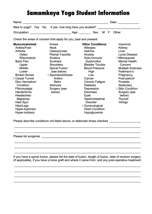 Yoga Student Information Form Printable pdf