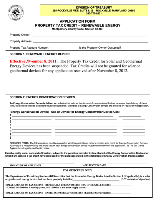 Property Tax Credit - Renewable Energy Application Form - Division Of Treasury, Montgomery County Printable pdf