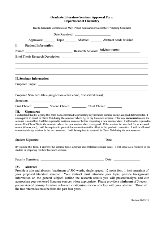 Fillable Graduate Literature Seminar Approval Form Printable pdf