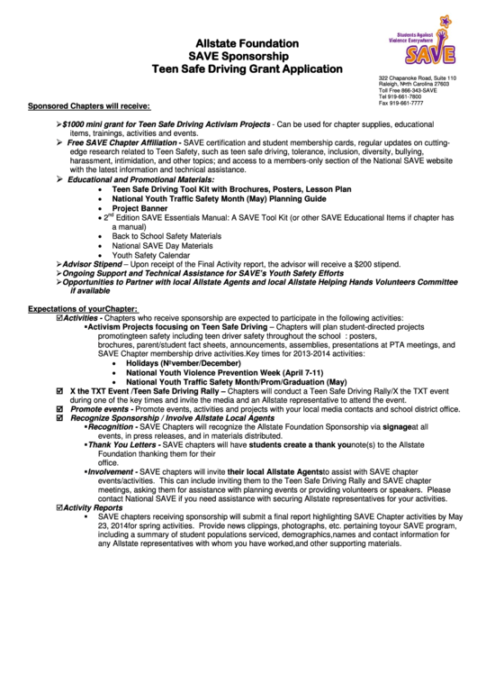 Save-Allstate Grant Application 2013-2014 printable pdf download