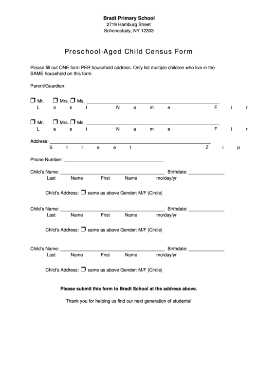 Preschool-Aged Child Census Form Printable pdf