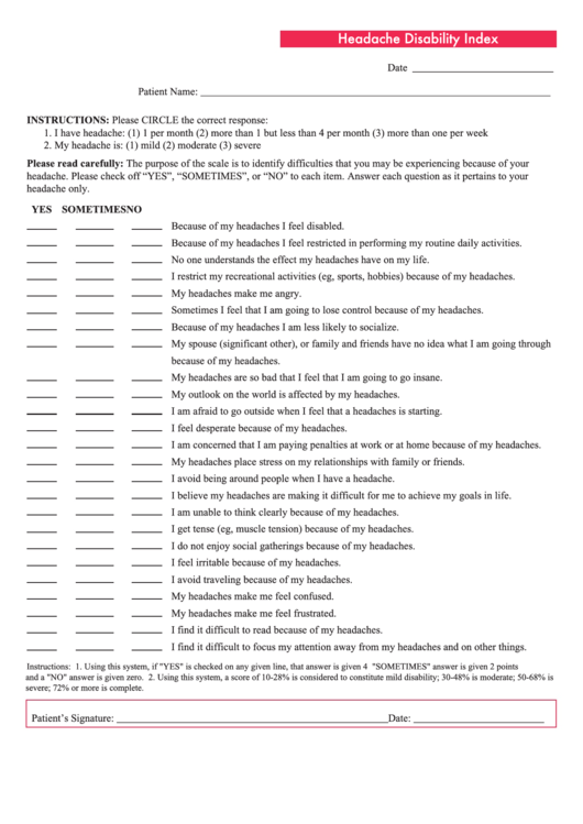 Headache Disability Index Printable pdf