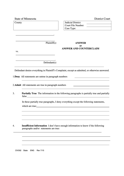 Civ302 State Of Minnesota District Court - Answer And Counterclaim Form Printable pdf